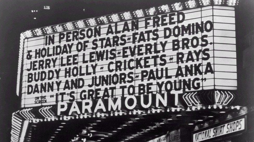 View of the marquee at the Paramount Theatre, New York City.