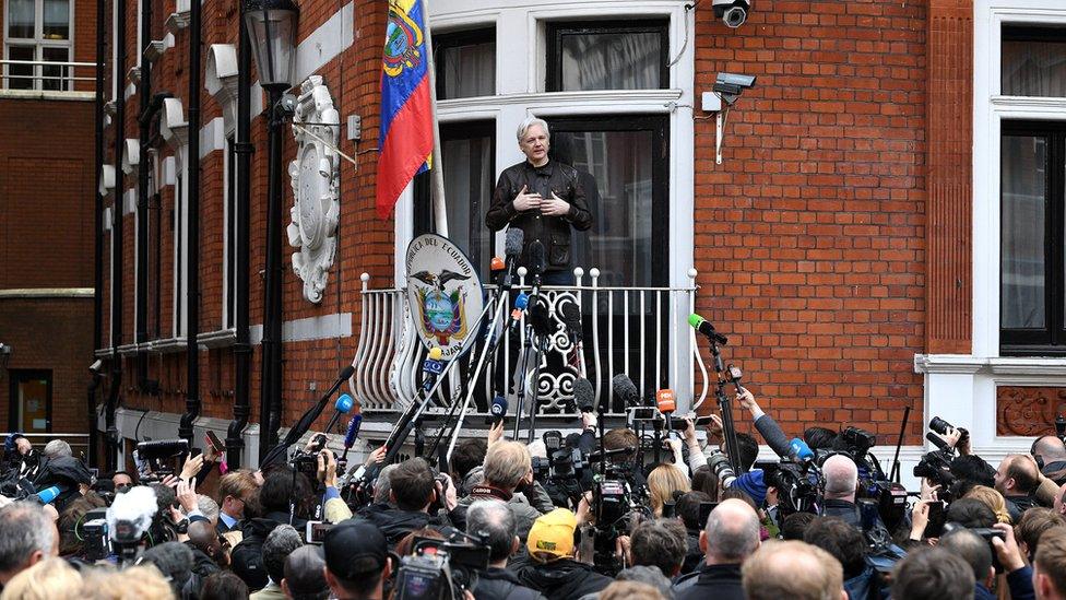 Julian Assange speaks to reporters at the Ecuadorean embassy - 19 May