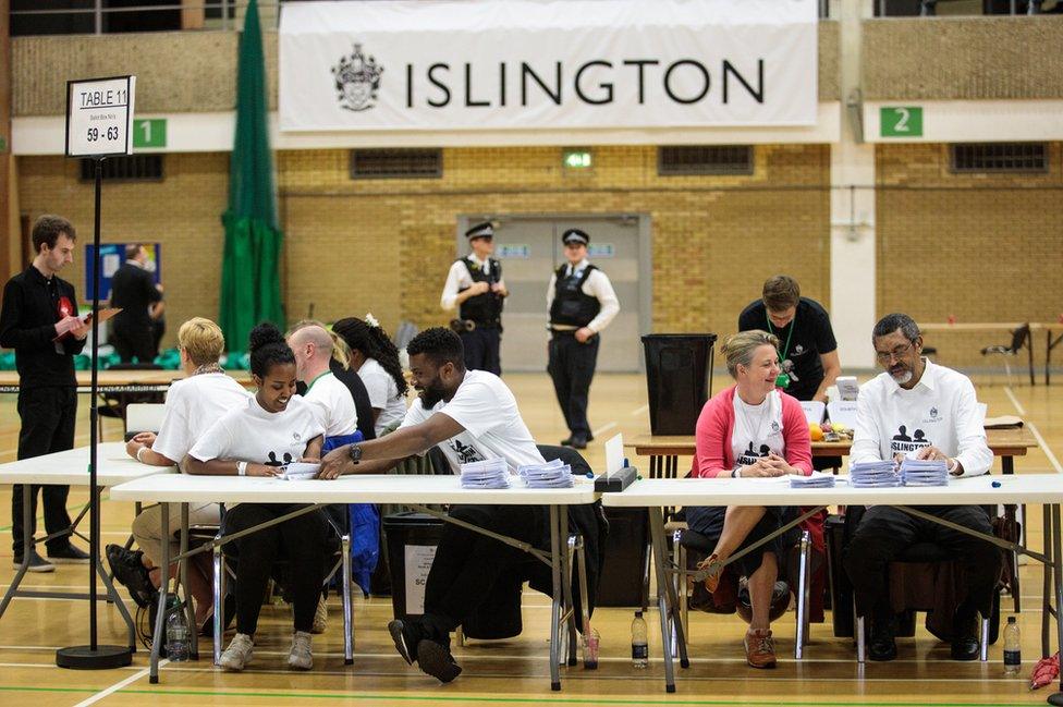 Ballot papers are counted at the Sobell Leisure Centre during the Islington North and the Islington South and Finsbury counts on 8 June 2017.