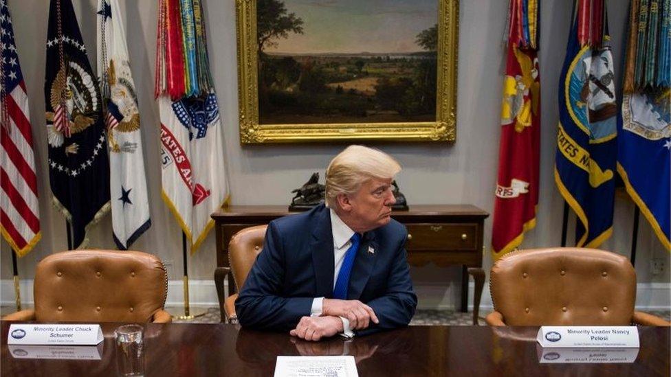 US President Donald Trump speaks to the media during a meeting with congressional leadership at the White House.