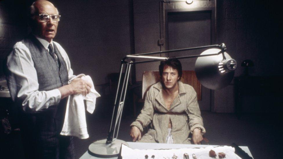 British actor Laurence Olivier and American Dustin Hoffman on the set of Marathon Man