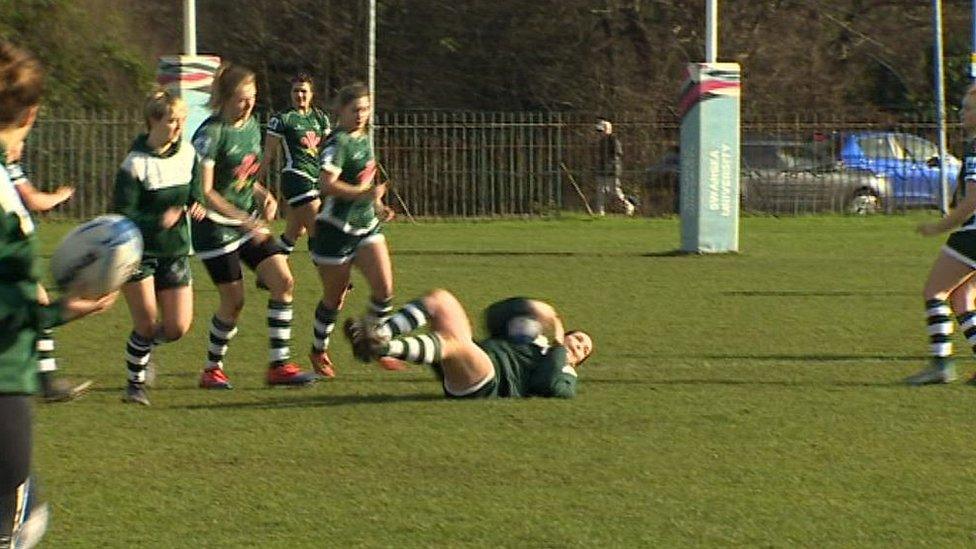 A game of women's rugby at Swansea University