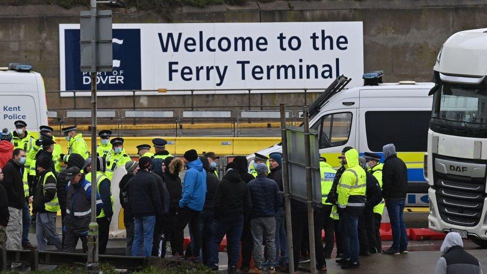 People crowd at the ferry terminal in Dover