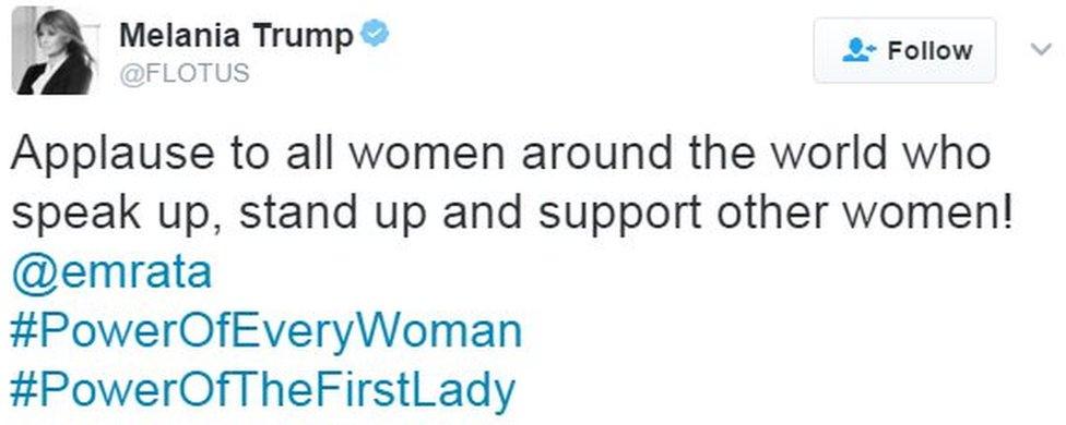 Tweet from Melania Trump reads: Applause to all women around the world who speak up, stand up and support other women! @emrata