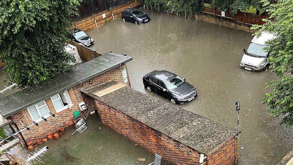 Water flooding a car park