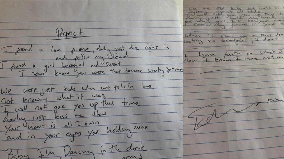 Handwritten lyrics to Ed Sheeran song Perfect.