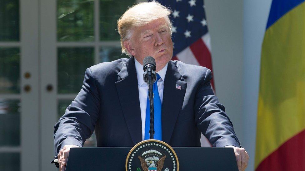 US President Donald J. Trump attends a joint news conference with President of Romania Klaus Iohannis (not pictured)