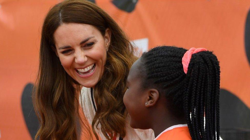 The Duchess of Cambridge with local schoolchildren taking part in the Lawn Tennis Association's youth programme at Craiglockhart Tennis Centre in Edinburgh