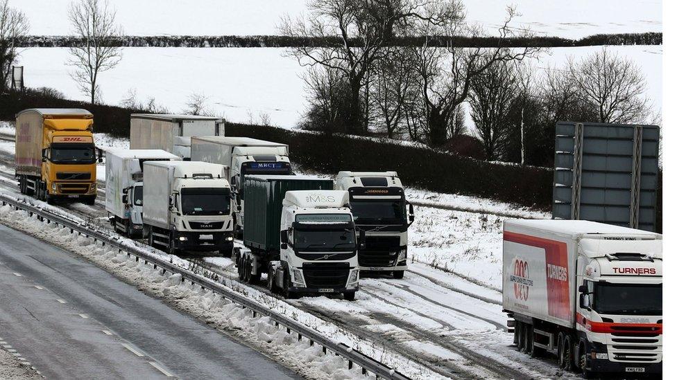 Lorries queue on the A14 in Northampton