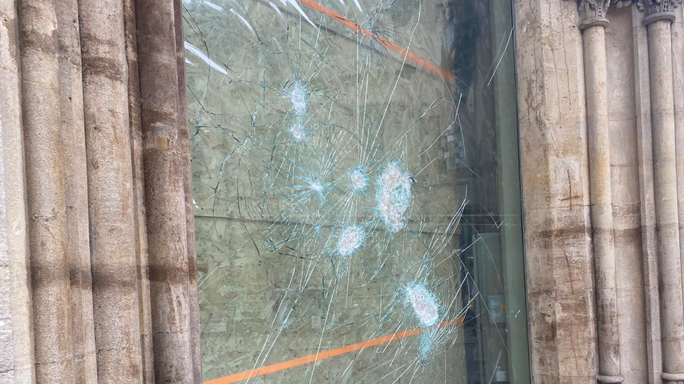 Vandalised glass in Cambridge