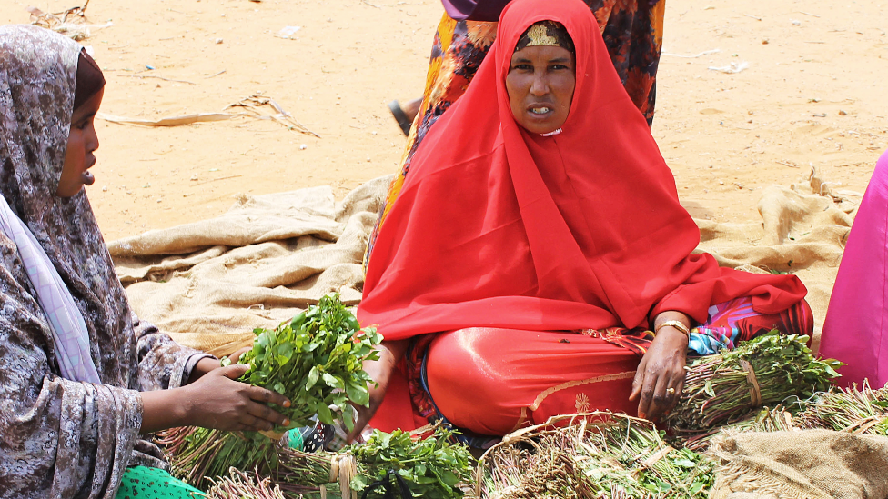 Women selling bundles of khat at a market in the Somali capital, Mogadishu - archive shot