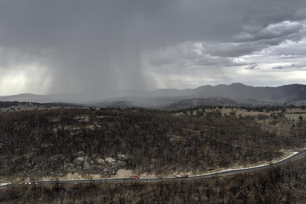 Rain begins to fall on drought and fire-ravaged country near Tamworth, New South Wales