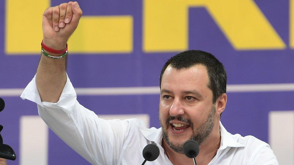 Matteo Salvini speaks during the annual rally in Pontida, Italy