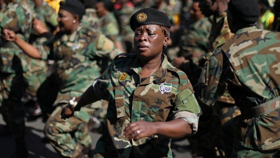 Members of the Umkhonto We Sizwe Military Veterans Association (MKMVA), chant slogans in support of former South African president Jacob Zuma, as they attend a public inquiry into state graft, in Johannesburg, South Africa July 15, 2019.