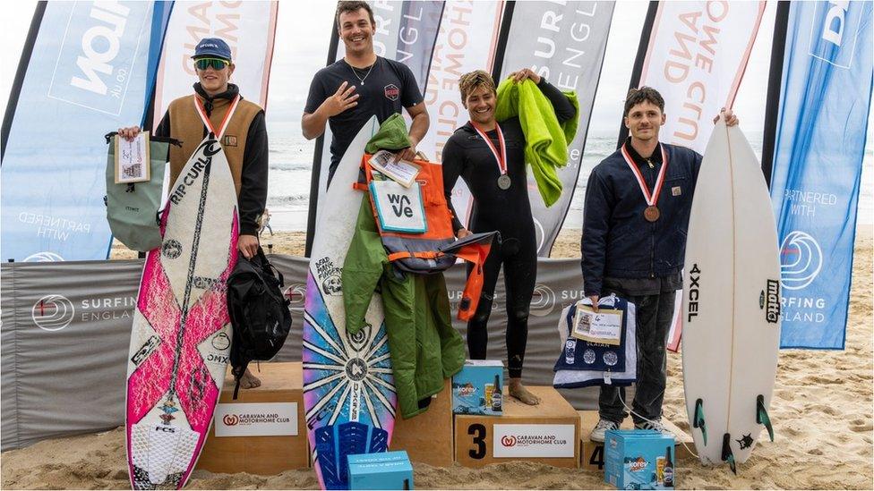 Lukas Skinner, Luke Dillon, Aaron Strong and Seth Morris on the podium at the English National Championships