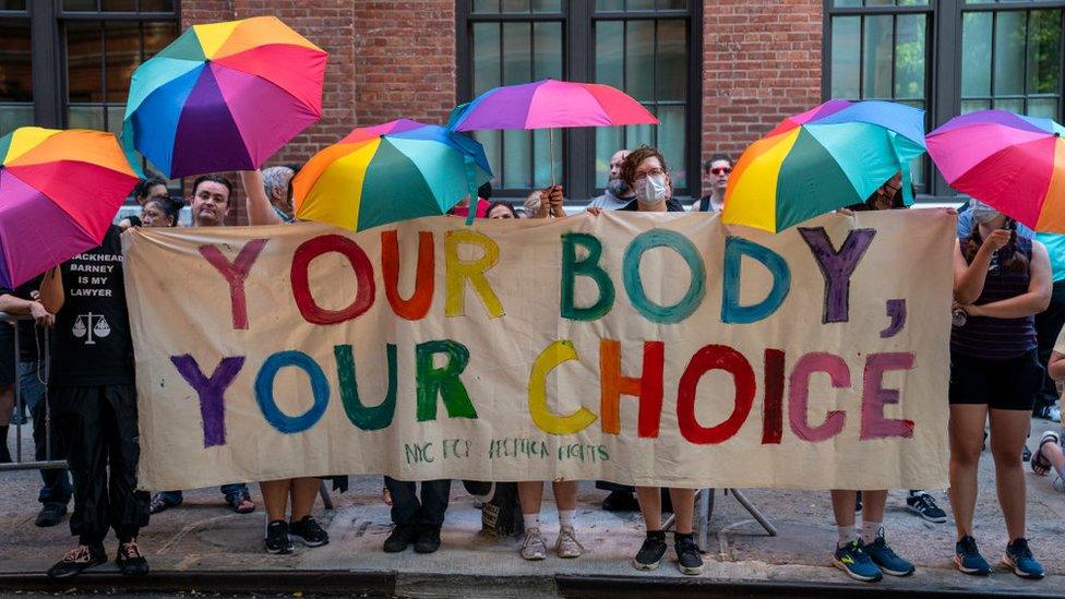 Pro-abortion rights protesters demonstrate outside the Planned Parenthood clinic and office in downtown Manhattan on August 6, 2022 in New York City