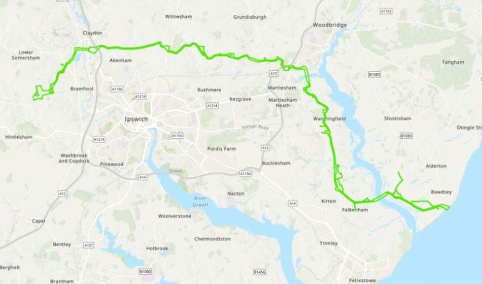 Map showing Bawdsey to Bramford cable route serving East Anglia Three