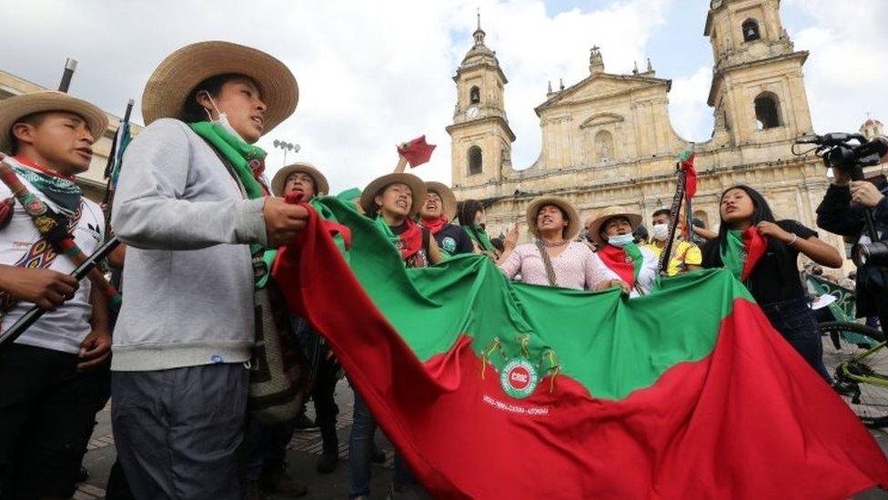 Indigenous people chant in Bogotá, Colombia. Photo: 19 October 2020