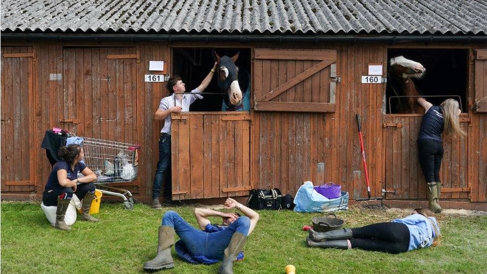 Stable hands and owners rest with their horses at the Great Yorkshire Show