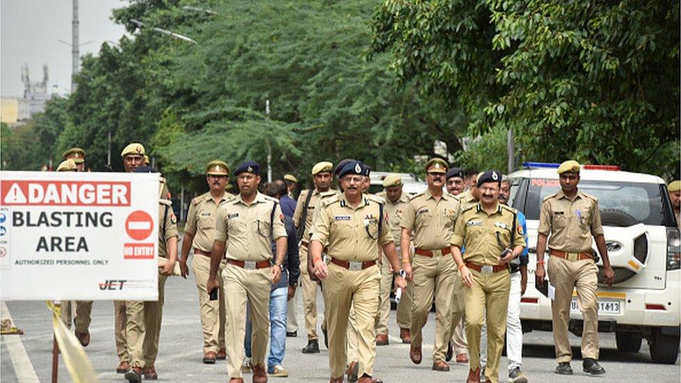 GB Nagar police commissioner Alok Singh and senior officials review the preparations ahead of the demolition of twin towers on August 24, 2022 in Noida, India.