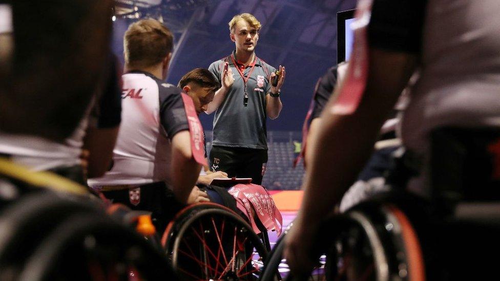 Tom Coyd coaching the England wheelchair rugby league team