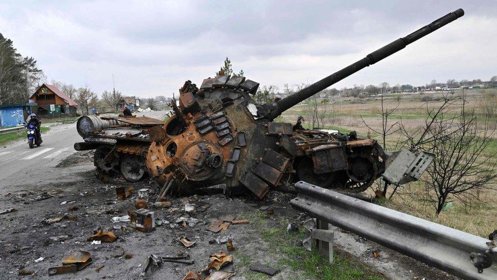 A destroyed Russian tank on 16 April