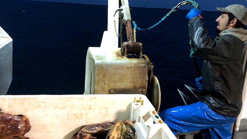 Man on boat with crabs