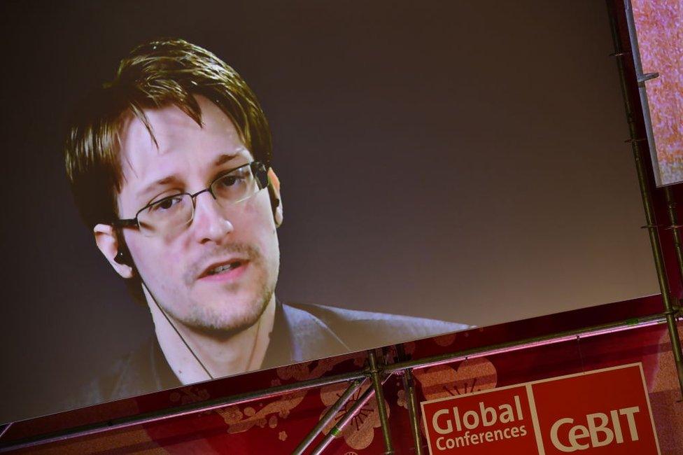 Edward Snowden addresses the CeBIT 2017 Technology Trade Fair technology conference from Russia