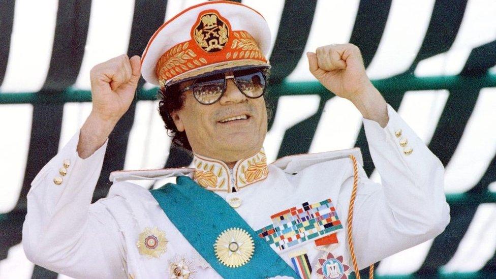 Muammar Gaddafi a the military parade for the 30th anniversary of the Revolution in 1999