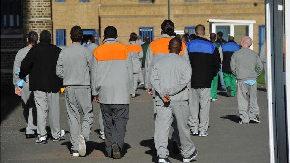 Prisoners in yard at Wormwood Scrubs