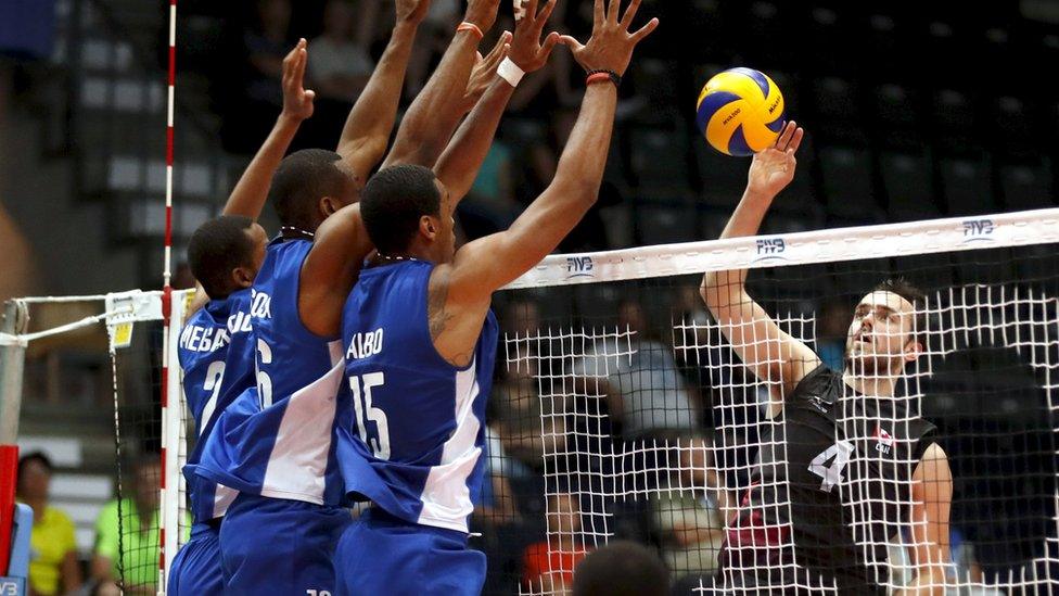 (L-R) Abrahan Alfonso Gavilan, Luis Tomas Sosa Sierra and Dariel Albo Miranda of Cuba play Canada on 1 July 2016