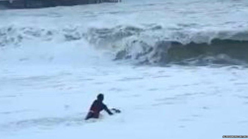 Woman in the sea rescuing her dog