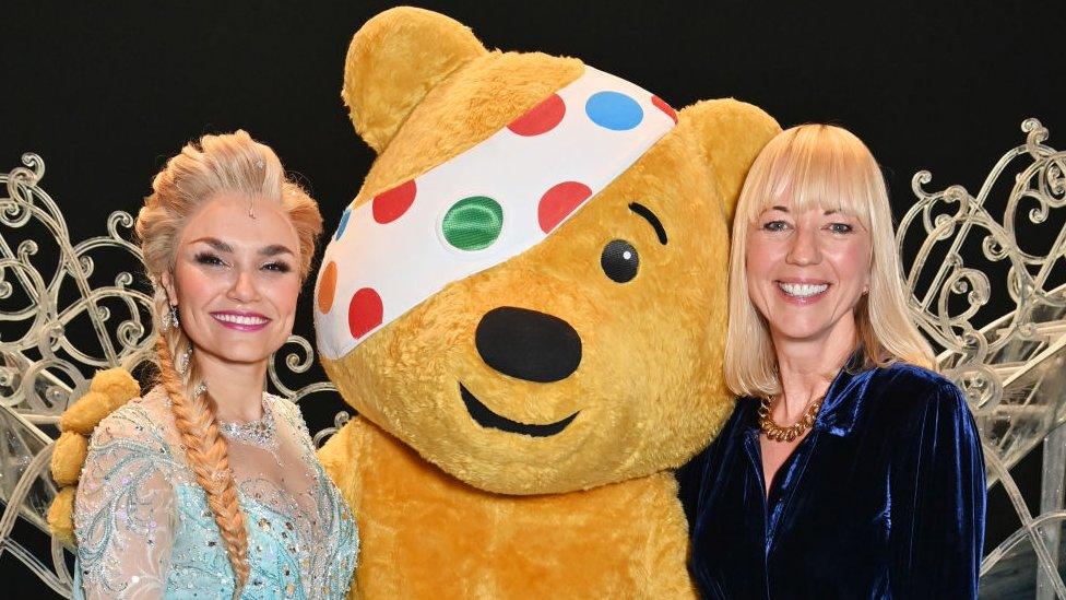Samantha Barks, Pudsey Bear and Sara Cox