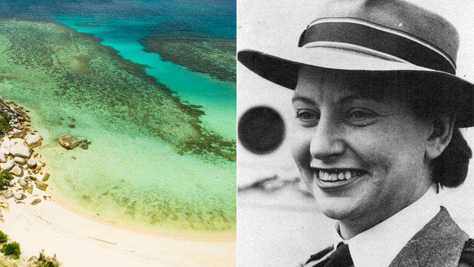 A split image of Vivian Bullwinkel and a beach at Bangka Island, Indonesia