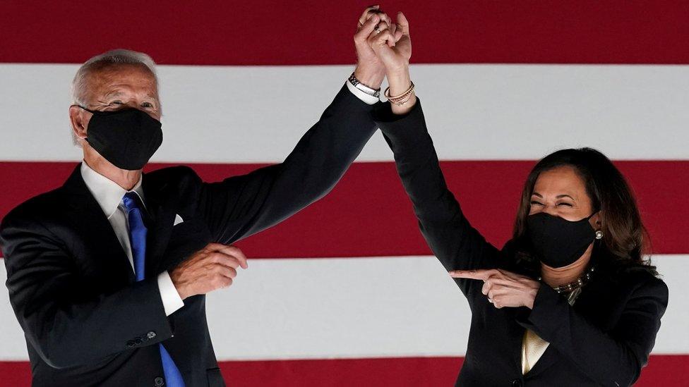 Democratic presidential candidate and former Vice President Joe Biden and U.S. Senator and Democratic candidate for Vice President Kamala Harris celebrate outside the Chase Center after Biden accepted the 2020 Democratic presidential nomination during the largely virtual 2020 Democratic National Convention, in Wilmington, Delaware, U.S., August 20, 2020