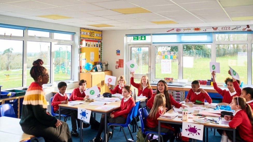 Primary aged children in a classroom with their teacher