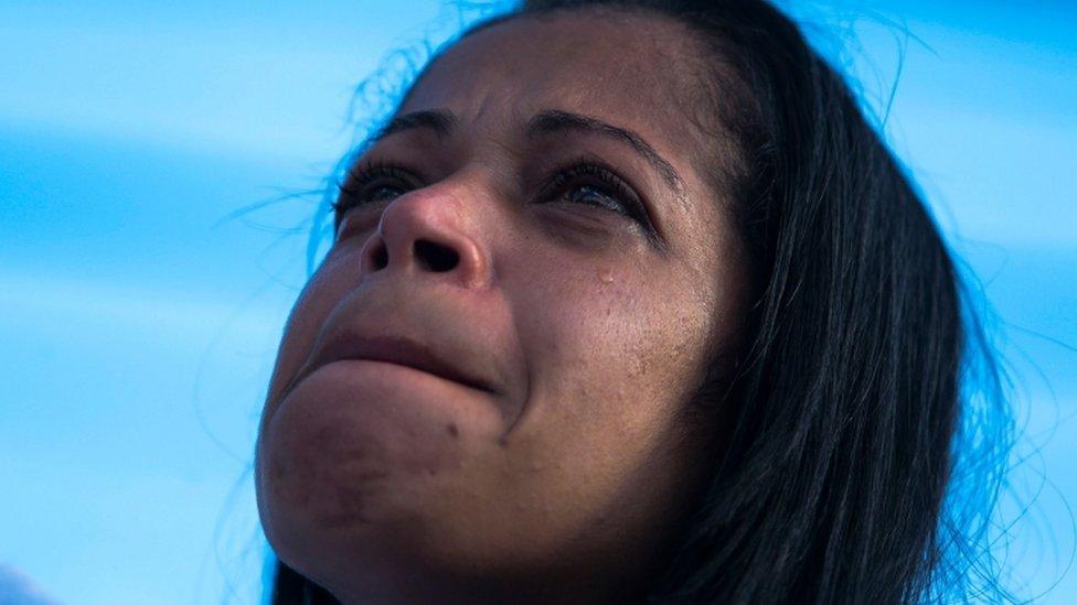 Brazilian Joyce da Silva dos Santos, mother of teenager Guilherme Silva Guedes, who disappeared in Vila Clara, cry during a protest and mass against his death in Sao Paulo, Brazil, on 21 June 2020