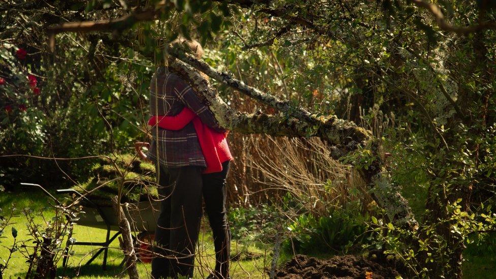 Couple embracing in a garden, partially obscured by tree branches