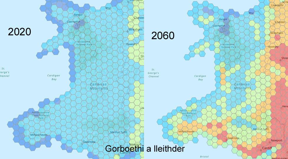 Mapiau yn dangos y gwahaniaeth posibl mewn gorboethi a lleithder rhwng 2020 a 2060 yng Nghymru