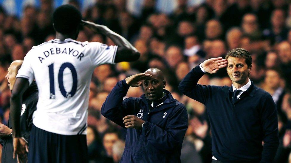 Tim Sherwood (right) salutes Emmanuel Adebayor.