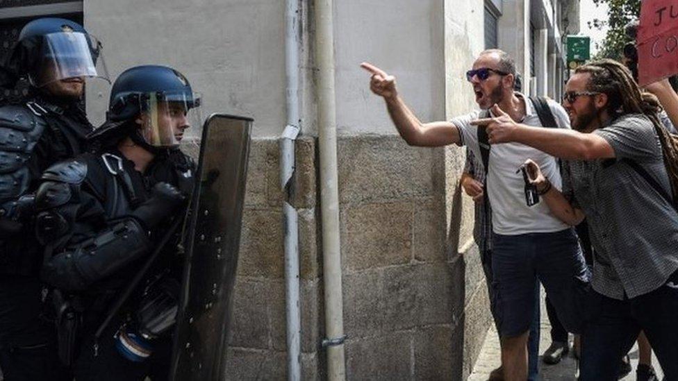 Protesters confront riot police in Nantes during a protest over the death of Steve Maia Caniço