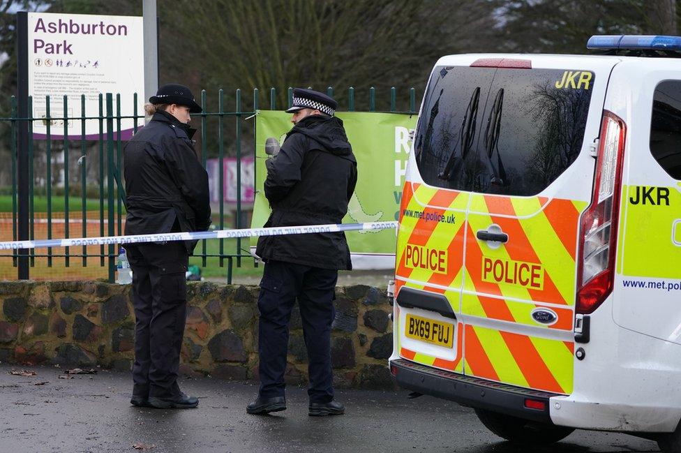 Police van and officers behind incident tape at Ashburton Park