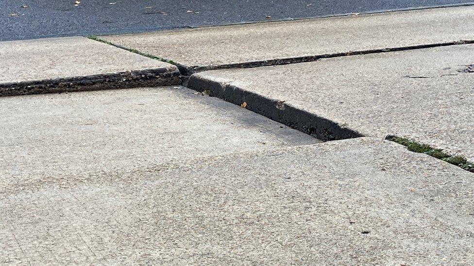 Damaged concrete on Miles Gray Road, Basildon.