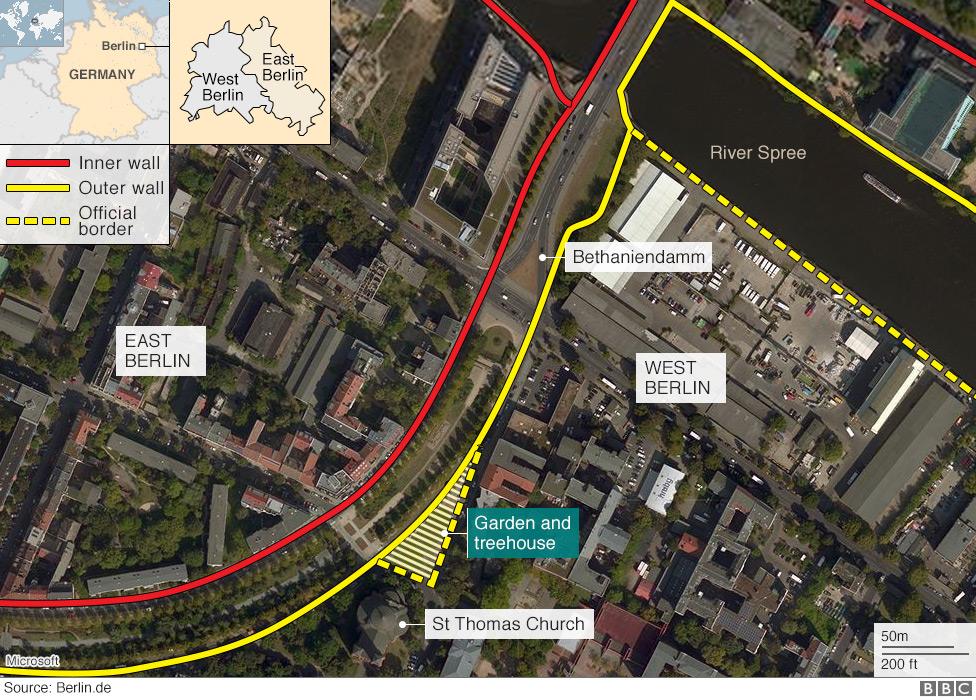 Map of the garden showing the borders of the Berlin Wall