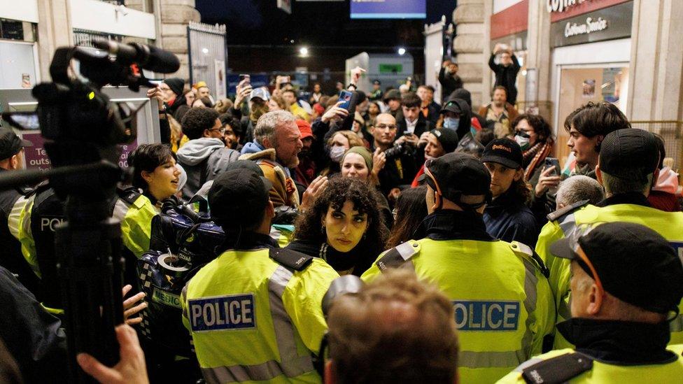 Pro-Palestinian protesters at London's Waterloo station