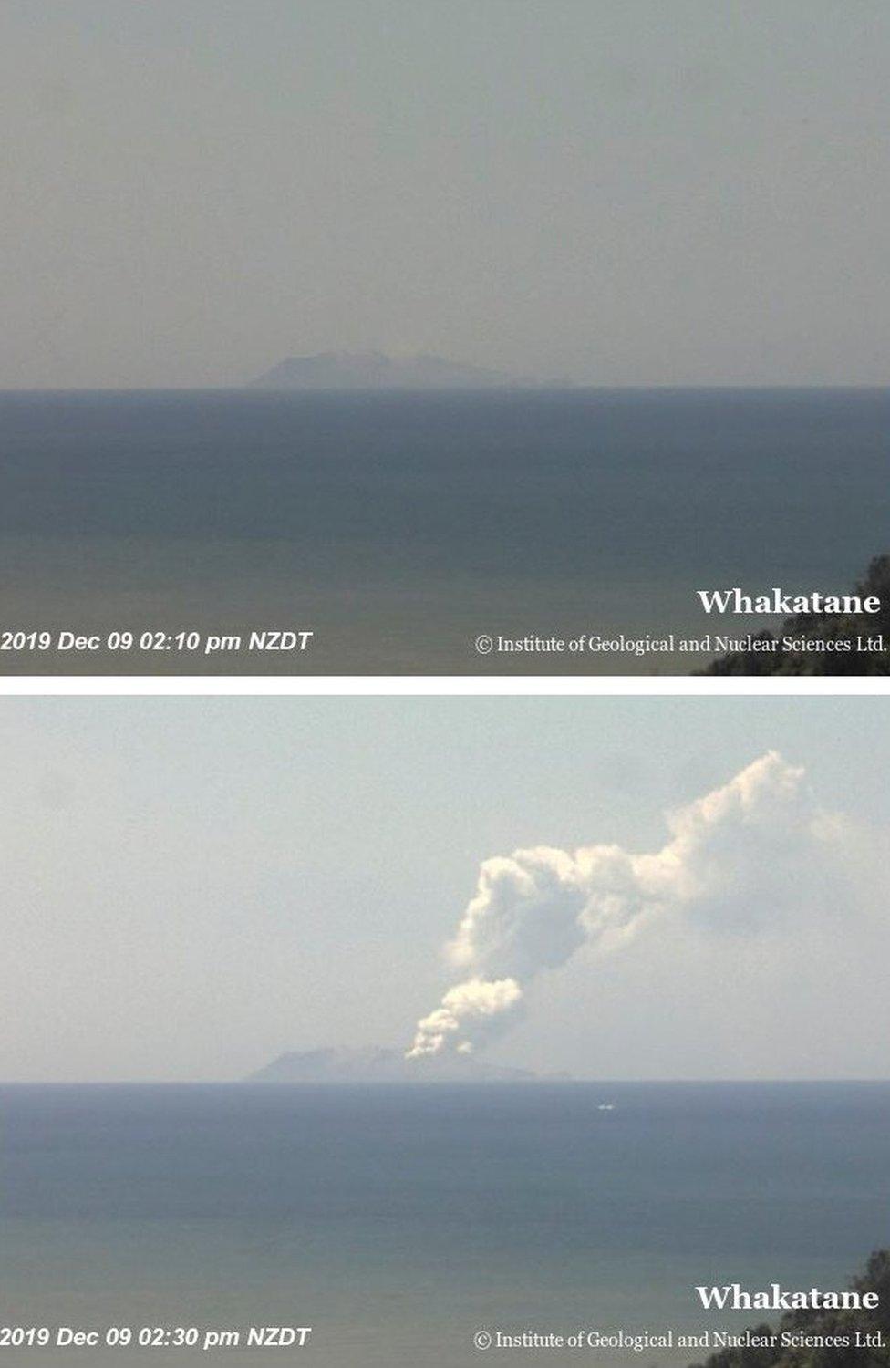 Combination photo shows Whakaari, also known as White Island, volcano shortly before and after eruption