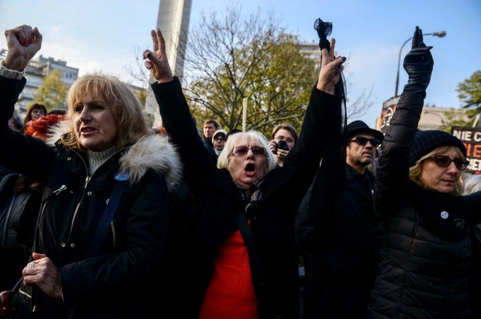 Polish women rally against plans to tighten abortion laws in Warsaw, Poland, 23 October 2016