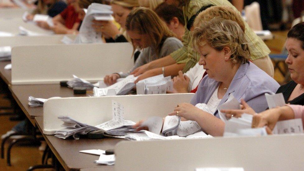 People count the votes on ballot papers during election