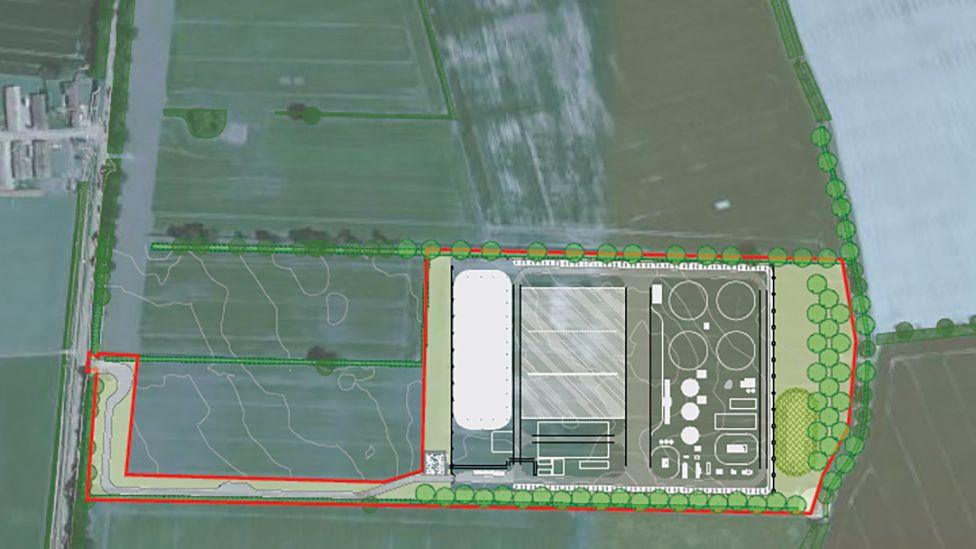 Drawing of the location of the proposed anaerobic digester on Long Lane near High Catton. It shows a large green area, with the digester in the bottom right, surrounded by trees