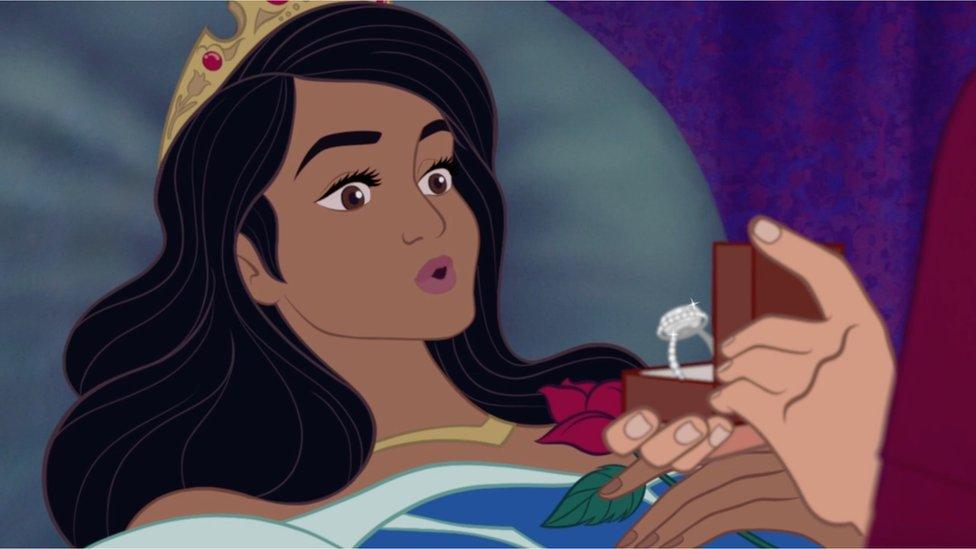 Cartoon of Sleeping beauty with an engagement ring